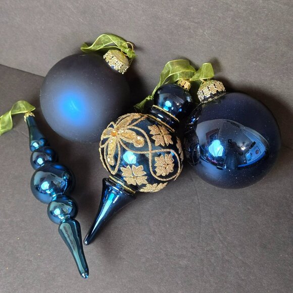 Frontgate Blue Glass Ornament Set of 4 Handblown Finial & Ball Ornaments Holiday - Picture 1 of 10